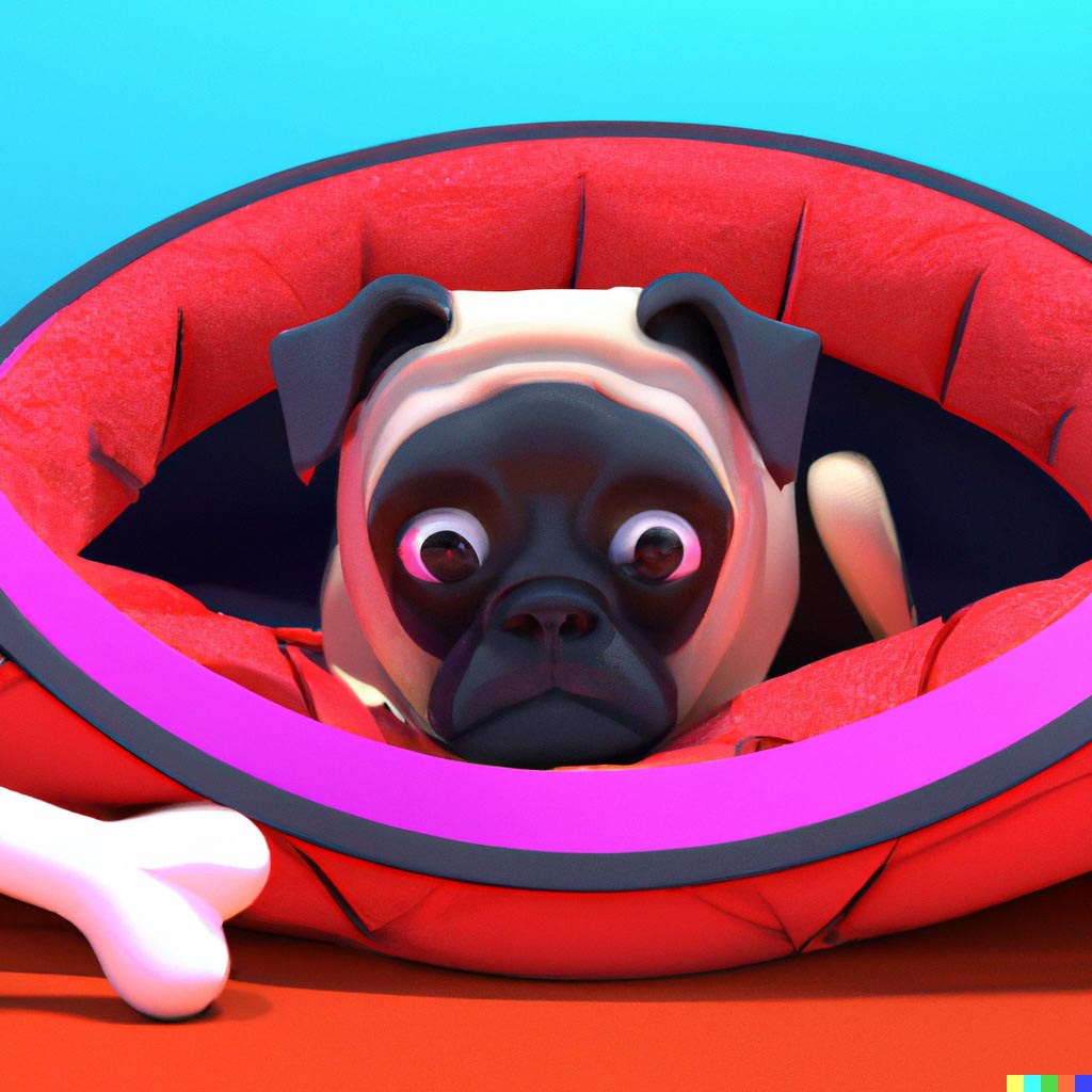 DALL·E prompt: A sad looking pug dog laying in a dog bed between a dog bone and a red frisbee, in the style of pixar, 3d render